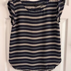 Ann Taylor Navy and Cream Striped Short Sleeve Blouse
